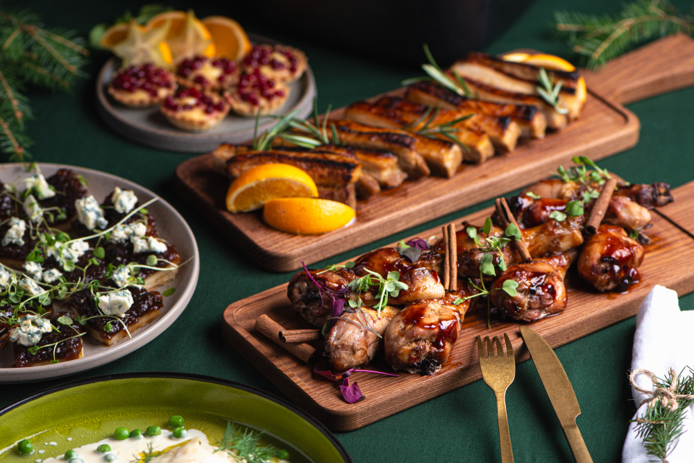 Christmas dishes chicken drumsticks and pork belly